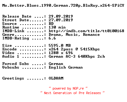 NFO for the release Mo.Better.Blues.1990.German.720p.BluRay.x264-SPiCY by SPiCY