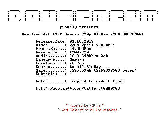 NFO for the release Der.Kandidat.1980.German.720p.BluRay.x264-DOUCEMENT by DOUCEMENT