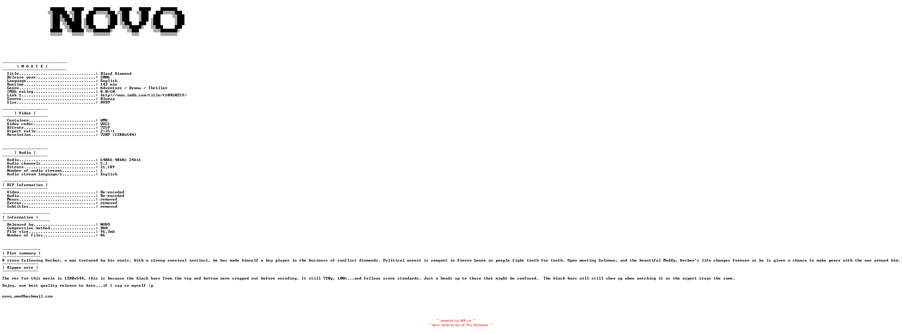 NFO for the release Blood.Diamond.2006.Bluray.VC1.720P.5.1.WMV-NOVO by NOVO