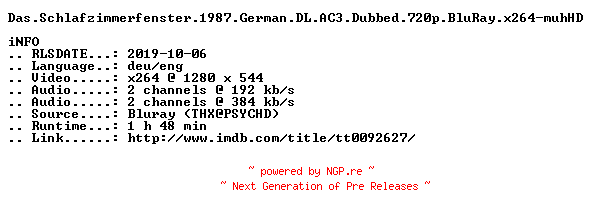 NFO for the release Das.Schlafzimmerfenster.1987.German.DL.AC3.Dubbed.720p.BluRay.x264-muhHD by muhHD