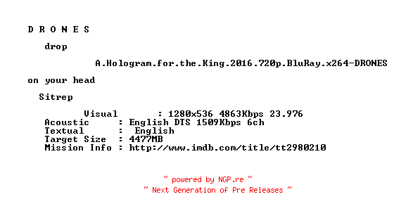 NFO for the release A.Hologram.for.the.King.2016.720p.BluRay.x264-DRONES by DRONES