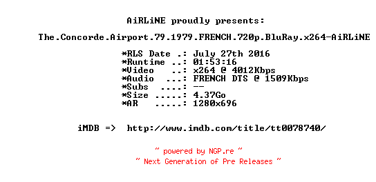 NFO for the release The.Concorde.Airport.79.1979.FRENCH.720p.BluRay.x264-AiRLiNE by AiRLiNE