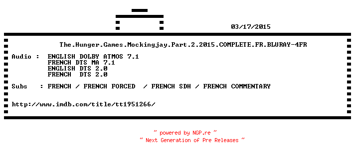 NFO for the release The.Hunger.Games.Mockingjay.Part.2.2015.COMPLETE.FR.BLURAY-4FR by 4FR