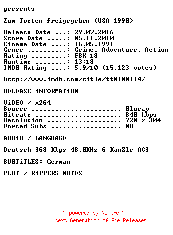 NFO for the release Zum.Toeten.freigegeben.German.1990.AC3.BDRip.x264.iNTERNAL-KULTFiLME by KULTFiLME