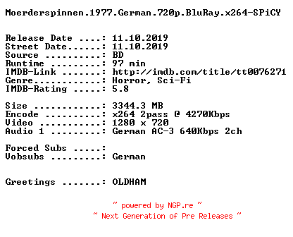 NFO for the release Moerderspinnen.1977.German.720p.BluRay.x264-SPiCY by SPiCY