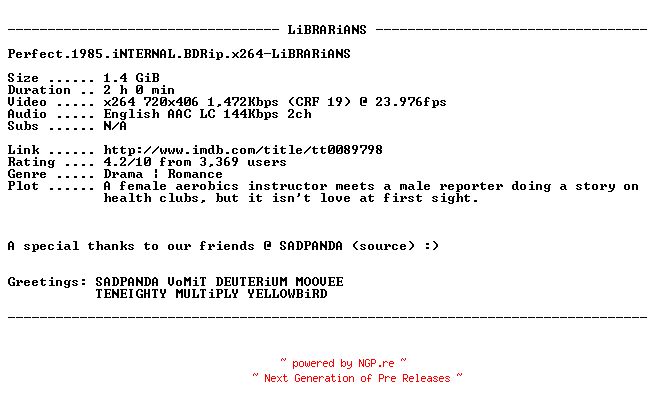 NFO for the release Perfect.1985.iNTERNAL.BDRip.x264-LiBRARiANS by LiBRARiANS