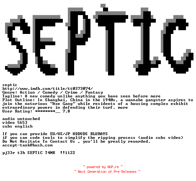 NFO for the release Kung.Fu.Hustle.2003.720p.BluRay.x264-SEPTiC by SEPTiC