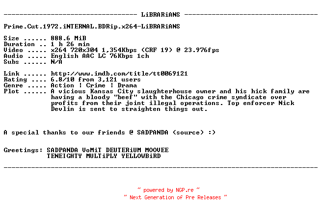 NFO for the release Prime.Cut.1972.iNTERNAL.BDRip.x264-LiBRARiANS by LiBRARiANS