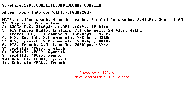 NFO for the release Scarface.1983.COMPLETE.UHD.BLURAY-COASTER by COASTER