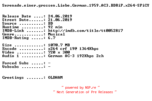 NFO for the release Serenade.einer.grossen.Liebe.German.1959.AC3.BDRiP.x264-SPiCY by SPiCY
