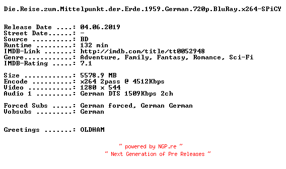 NFO for the release Die.Reise.zum.Mittelpunkt.der.Erde.1959.German.720p.BluRay.x264-SPiCY by SPiCY