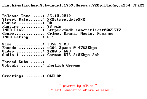NFO for the release Ein.himmlischer.Schwindel.1969.German.720p.BluRay.x264-SPiCY by SPiCY