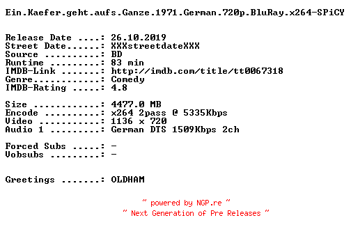 NFO for the release Ein.Kaefer.geht.aufs.Ganze.1971.German.720p.BluRay.x264-SPiCY by SPiCY