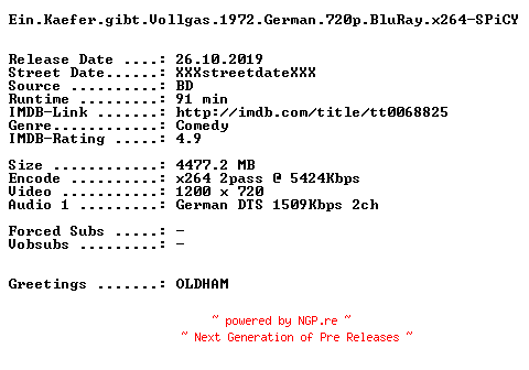 NFO for the release Ein.Kaefer.gibt.Vollgas.1972.German.720p.BluRay.x264-SPiCY by SPiCY