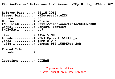 NFO for the release Ein.Kaefer.auf.Extratour.1973.German.720p.BluRay.x264-SPiCY by SPiCY