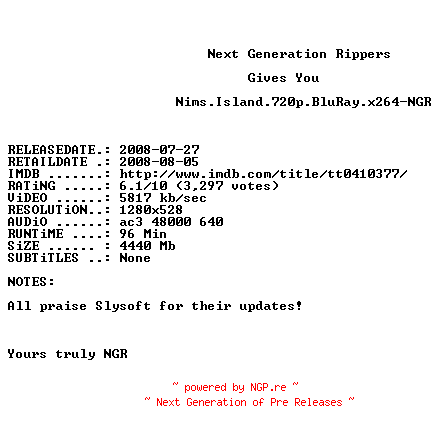 NFO for the release Nims.Island.720p.BluRay.x264-NGR by NGR