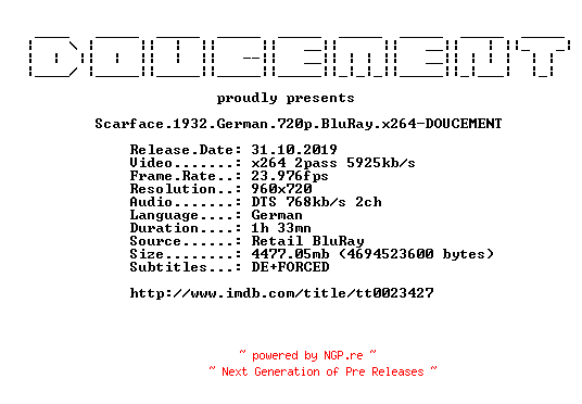 NFO for the release Scarface.1932.German.720p.BluRay.x264-DOUCEMENT by DOUCEMENT