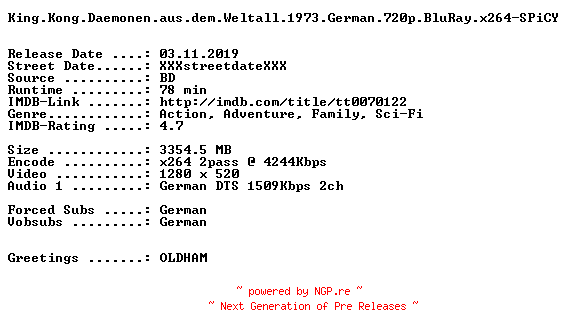 NFO for the release King.Kong.Daemonen.aus.dem.Weltall.1973.German.720p.BluRay.x264-SPiCY by SPiCY