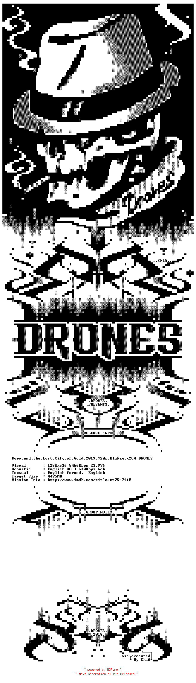 NFO for the release Dora.and.the.Lost.City.of.Gold.2019.720p.BluRay.x264-DRONES by DRONES