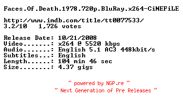 NFO for the release Faces.Of.Death.1978.720p.BluRay.x264-CiNEFiLE by CiNEFiLE