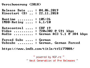 NFO for the release Verschwoerung.German.2018.AC3.BDRip.x264-COiNCiDENCE by COiNCiDENCE