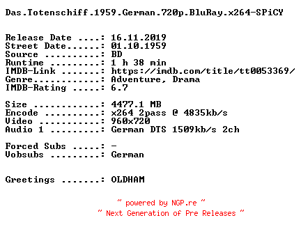 NFO for the release Das.Totenschiff.1959.German.720p.BluRay.x264-SPiCY by SPiCY