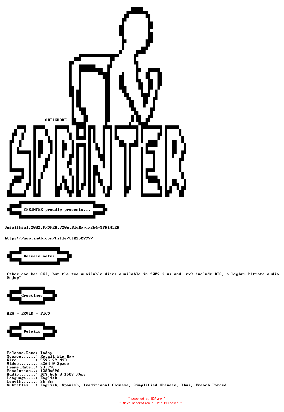 NFO for the release Unfaithful.2002.PROPER.720p.BluRay.x264-SPRiNTER by SPRiNTER