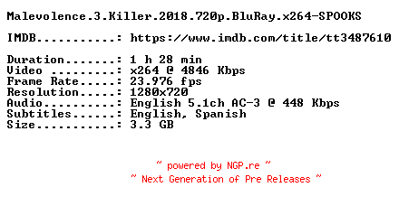 NFO for the release Malevolence.3.Killer.2018.720p.BluRay.x264-SPOOKS by SPOOKS