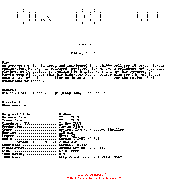 NFO for the release Oldeuboi.2003.MULTi.COMPLETE.UHD.BLURAY-PRECELL by PRECELL