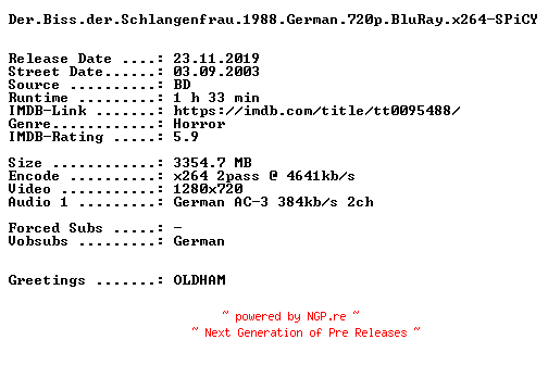 NFO for the release Der.Biss.der.Schlangenfrau.1988.German.720p.BluRay.x264-SPiCY by SPiCY