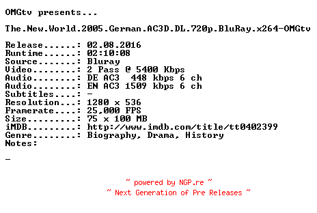 NFO for the release The.New.World.2005.German.AC3D.DL.720p.BluRay.x264-OMGtv by OMGtv