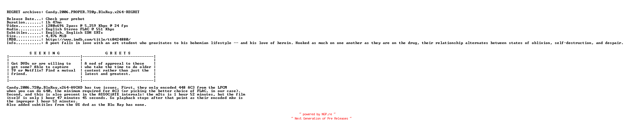 NFO for the release Candy.2006.PROPER.720p.BluRay.x264-REGRET by REGRET