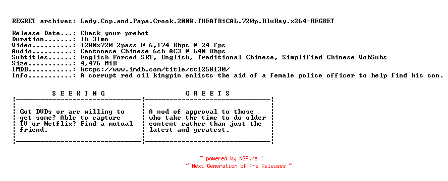 NFO for the release Lady.Cop.and.Papa.Crook.2008.THEATRiCAL.720p.BluRay.x264-REGRET by REGRET