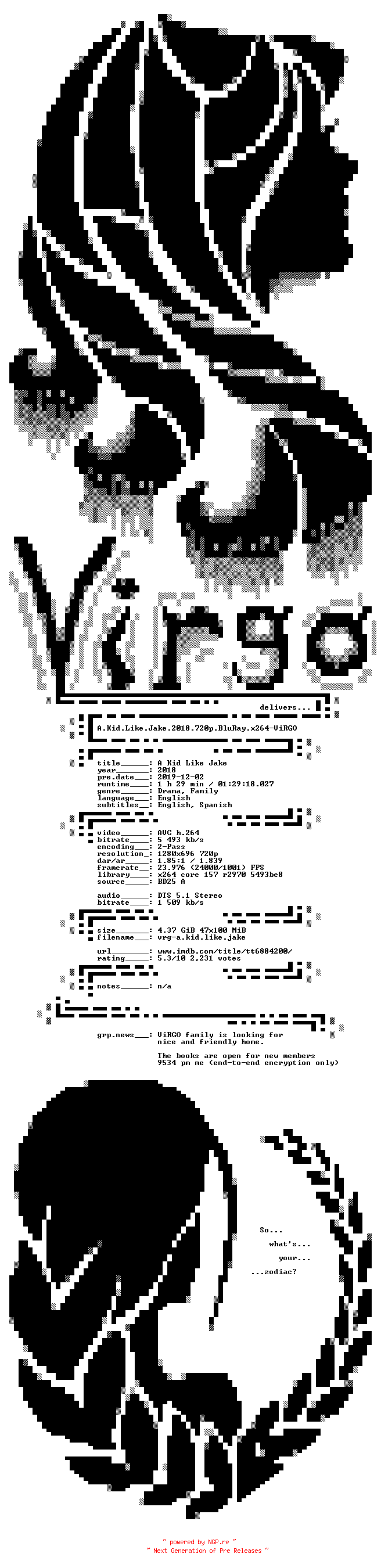 NFO for the release A.Kid.Like.Jake.2018.720p.BluRay.x264-ViRGO by ViRGO