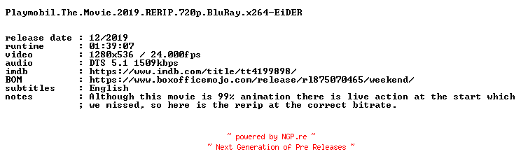 NFO for the release Playmobil.The.Movie.2019.RERIP.720p.BluRay.x264-EiDER by EiDER