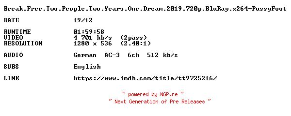 NFO for the release Break.Free.Two.People.Two.Years.One.Dream.2019.720p.BluRay.x264-PussyFoot by PussyFoot