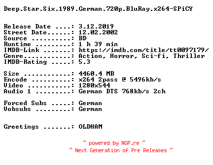 NFO for the release Deep.Star.Six.1989.German.720p.BluRay.x264-SPiCY by SPiCY