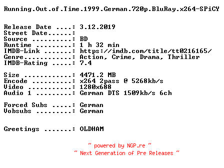 NFO for the release Running.Out.of.Time.1999.German.720p.BluRay.x264-SPiCY by SPiCY