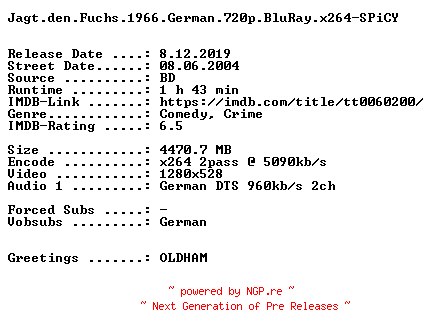 NFO for the release Jagt.den.Fuchs.1966.German.720p.BluRay.x264-SPiCY by SPiCY
