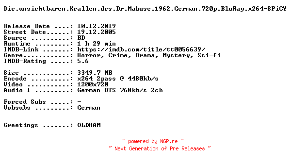 NFO for the release Die.unsichtbaren.Krallen.des.Dr.Mabuse.1962.German.720p.BluRay.x264-SPiCY by SPiCY