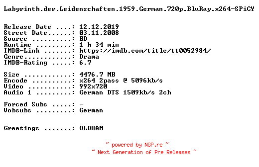 NFO for the release Labyrinth.der.Leidenschaften.1959.German.720p.BluRay.x264-SPiCY by SPiCY