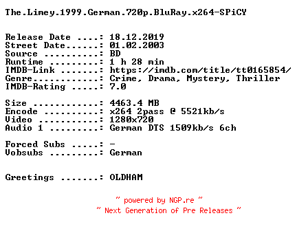 NFO for the release The.Limey.1999.German.720p.BluRay.x264-SPiCY by SPiCY
