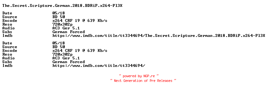 NFO for the release The.Secret.Scripture.German.2018.BDRiP.x264-Pl3X by Pl3X