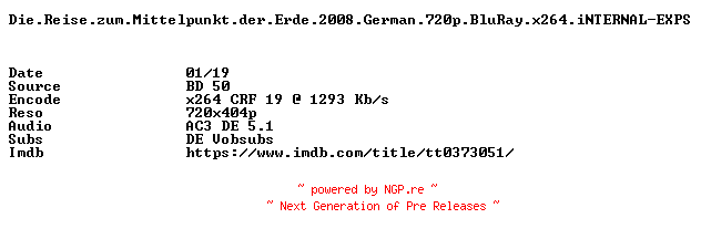 NFO for the release Die.Reise.zum.Mittelpunkt.der.Erde.German.2008.AC3.BDRiP.x264.iNTERNAL-EXPS by EXPS