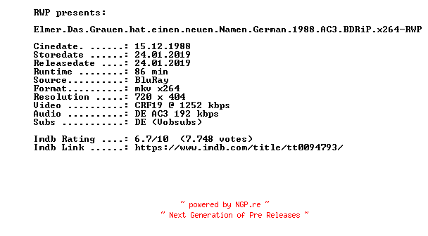 NFO for the release Elmer.Das.Grauen.hat.einen.neuen.Namen.German.1988.AC3.BDRiP.x264-RWP by RWP