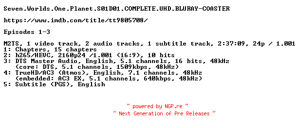 NFO for the release Seven.Worlds.One.Planet.S01D01.COMPLETE.UHD.BLURAY-COASTER by COASTER