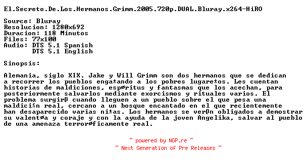 NFO for the release El.Secreto.De.Los.Hermanos.Grimm.2005.720p.DUAL.Bluray.x264-HiRO by HiRO