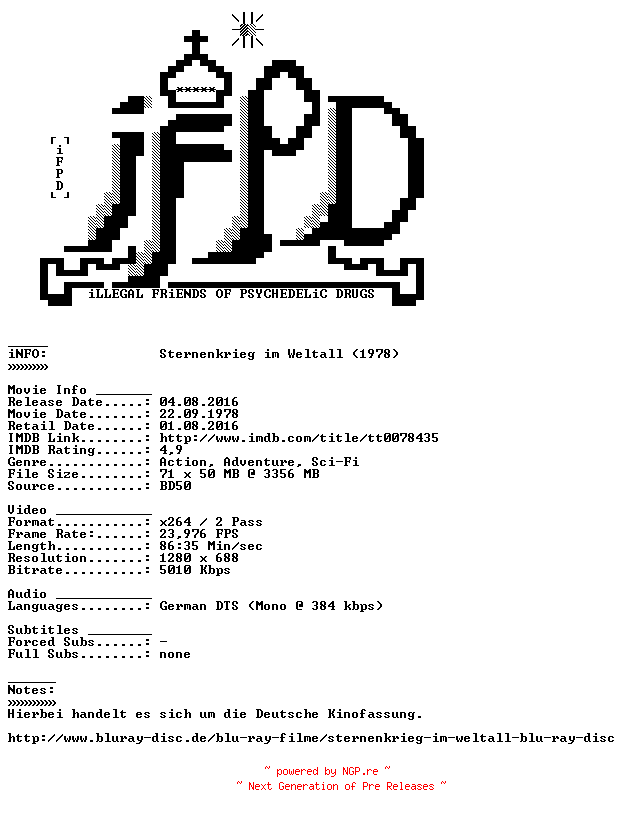 NFO for the release Sternenkrieg.im.Weltall.1978.German.720p.BluRay.x264-iFPD by iFPD