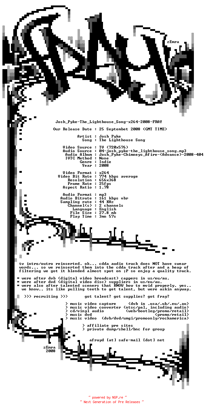 NFO for the release Josh_Pyke-The_Lighthouse_Song-x264-2008-FRAY by FRAY