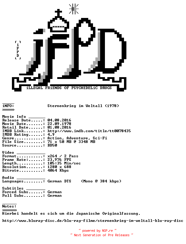 NFO for the release Sternenkrieg.im.Weltall.1978.Langfassung.German.720p.BluRay.x264-iFPD by iFPD